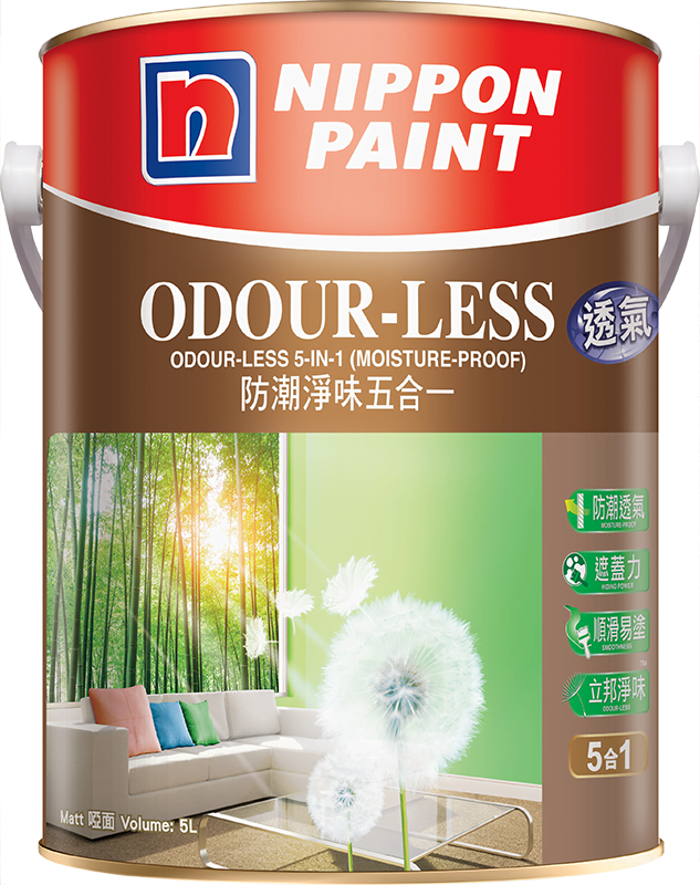 立邦NIPPON PAINT綠色5升桶裝防潮淨味五合一內牆乳膠漆,桶身印有竹林及蒲公英圖案,標示防潮透氣及五合一功能特點