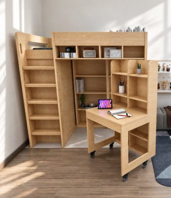 木色高架床下方有書枱及格櫃，側邊梯子通往上層