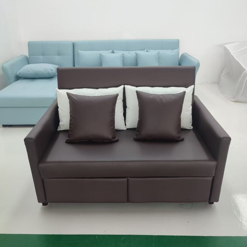 1.35米梳化床實拍照，啡色仿皮梳化+cushion (統一仿皮40號色 (梳化)、統一仿皮01號色 (cushion))