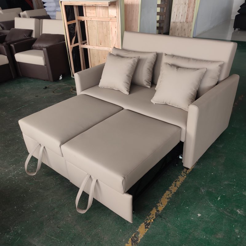 1.35米梳化床實拍照，卡其色貓抓皮梳化+cushion (仁益1976-11)