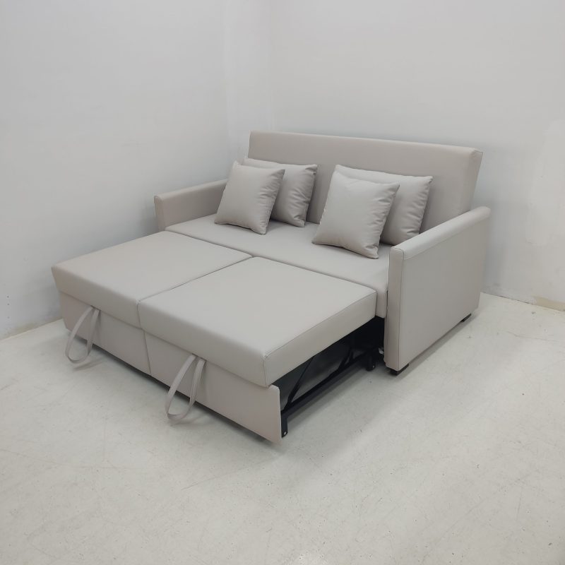 1.65米梳化床實拍照，中間平分，杏色貓抓皮梳化+cushion (仁益1976-3)