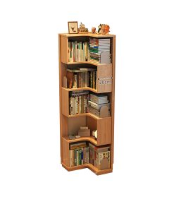 Peyton原木色落地儲物書架直立擺放，5層階梯式轉角結構，每層錯位開放層板放滿書本，頂層擺相架、鹿角擺設同動物公仔，中段標示20cm尺寸線，白色底背景。