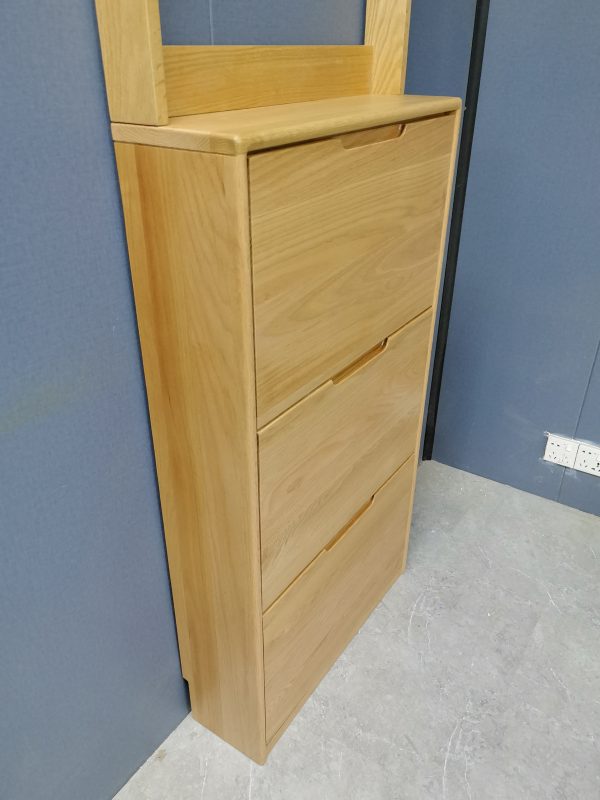 工廠實拍：Noya實木超薄鞋櫃加配衣帽架，原木色，65cm寬x20cm深x211cm高