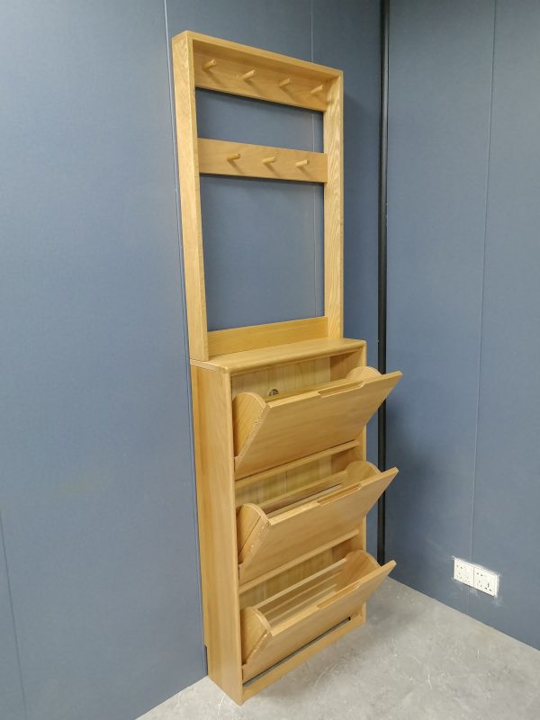 工廠實拍：Noya實木超薄鞋櫃加配衣帽架，原木色，65cm寬x20cm深x211cm高