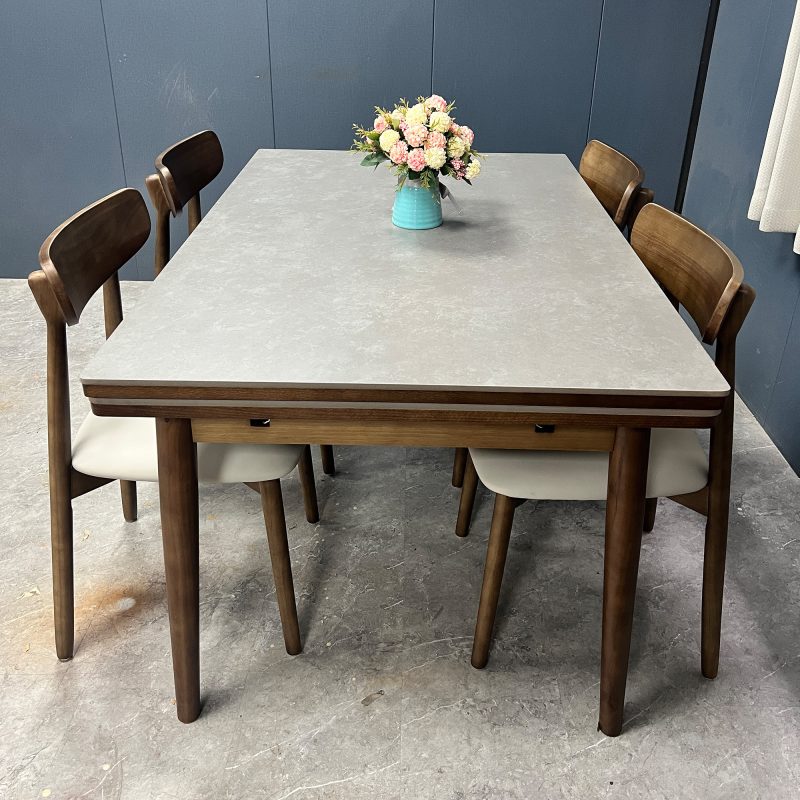 工廠實拍圖：Reese實木伸縮餐枱，胡桃色，岩板啞光維克淺灰色