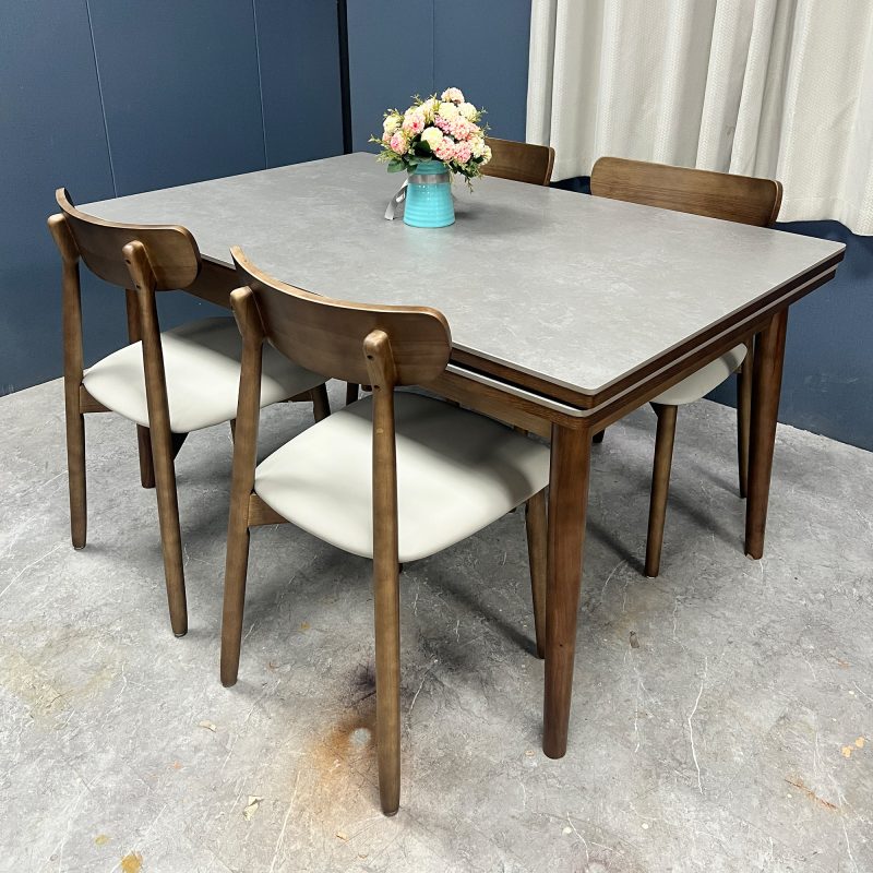 工廠實拍圖：Reese實木伸縮餐枱，胡桃色，岩板啞光維克淺灰色