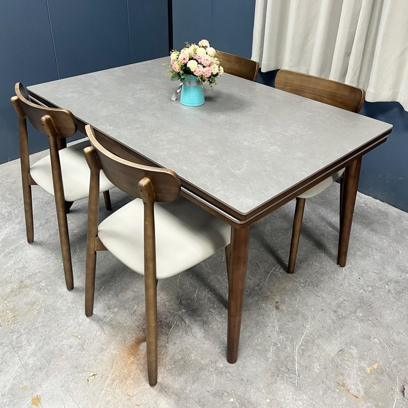 工廠實拍圖：Reese實木伸縮餐枱，胡桃色，岩板啞光維克淺灰色