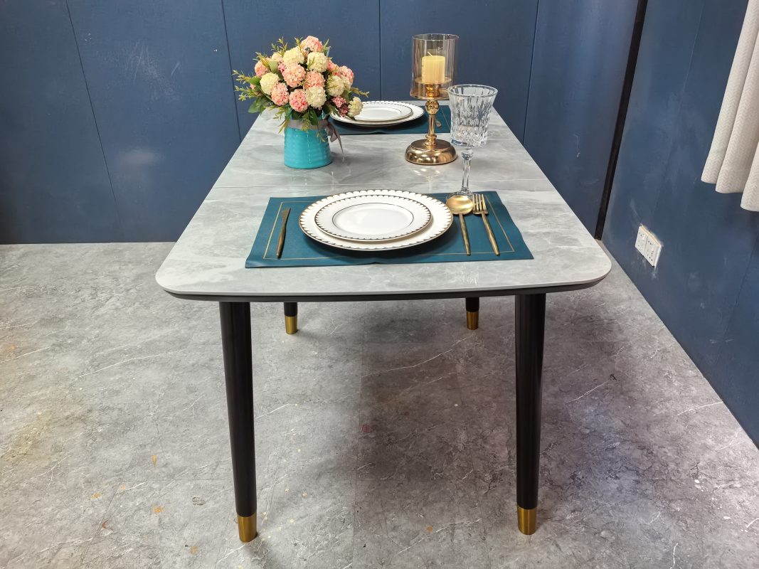 工廠實拍: Lillian實木岩板餐枱，收起0.9米，打開1.2米長，亮光意大利灰岩板，配黑腳